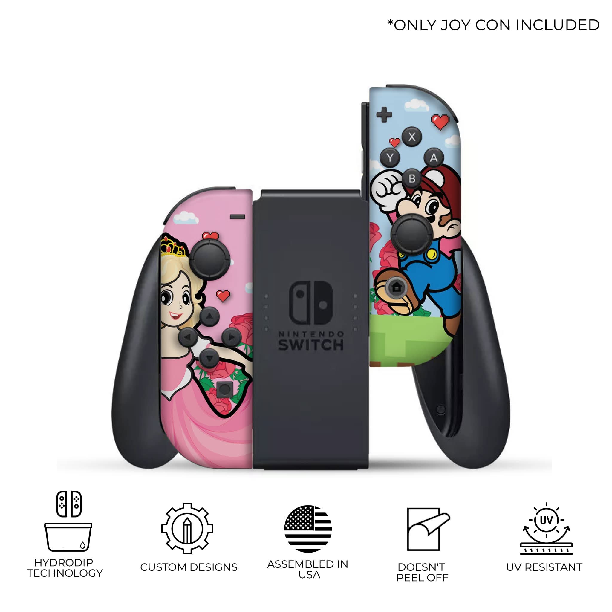 Mario & Princess Nintendo Switch Joycons with Advanced Permanent Hydro-Dip Technology.