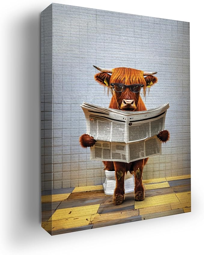 Highland Cow on Toilet Seat Wall Canvas Set of 1