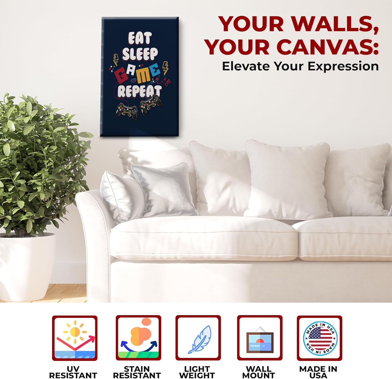 Eat Sleep Game Repeat Wall Canvas Set of 1