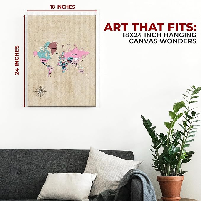 Pink World Map Wall Canvas Set of 1