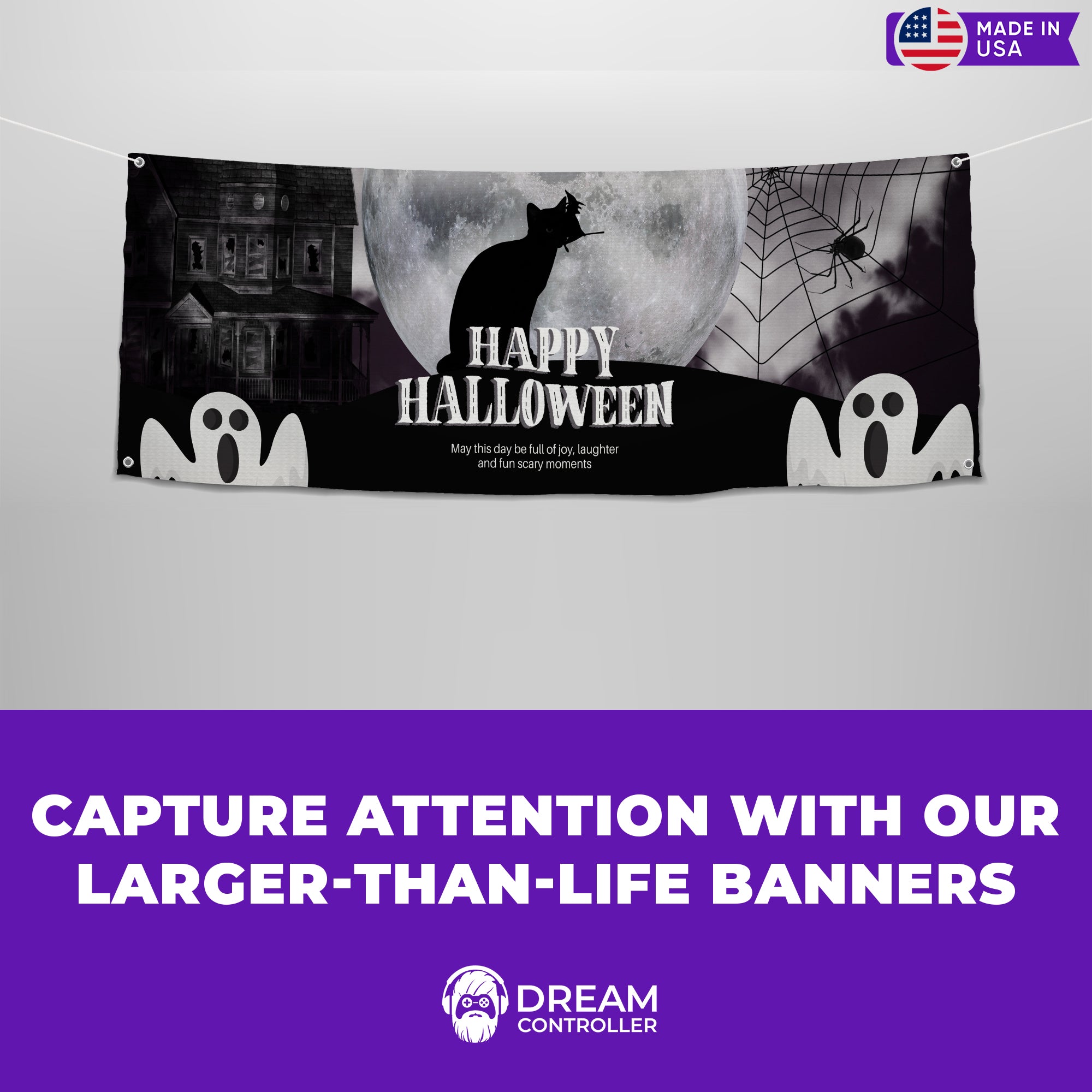 Happy Halloween Cat Moon Banner - Spooktacular Design, Fade-Resistant, Easy Install