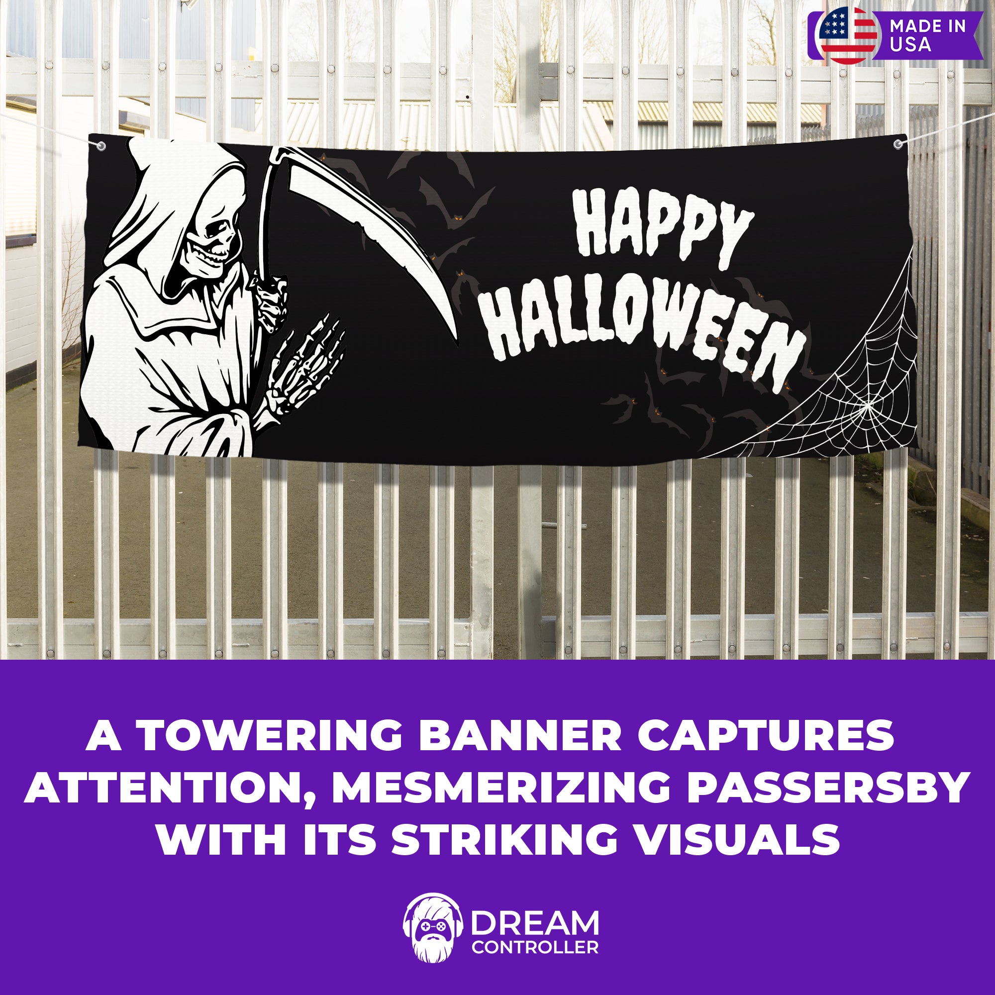 Reaper's Halloween Banner - Stunning Visual Impact, Sturdy Grommets, Versatile Display Options