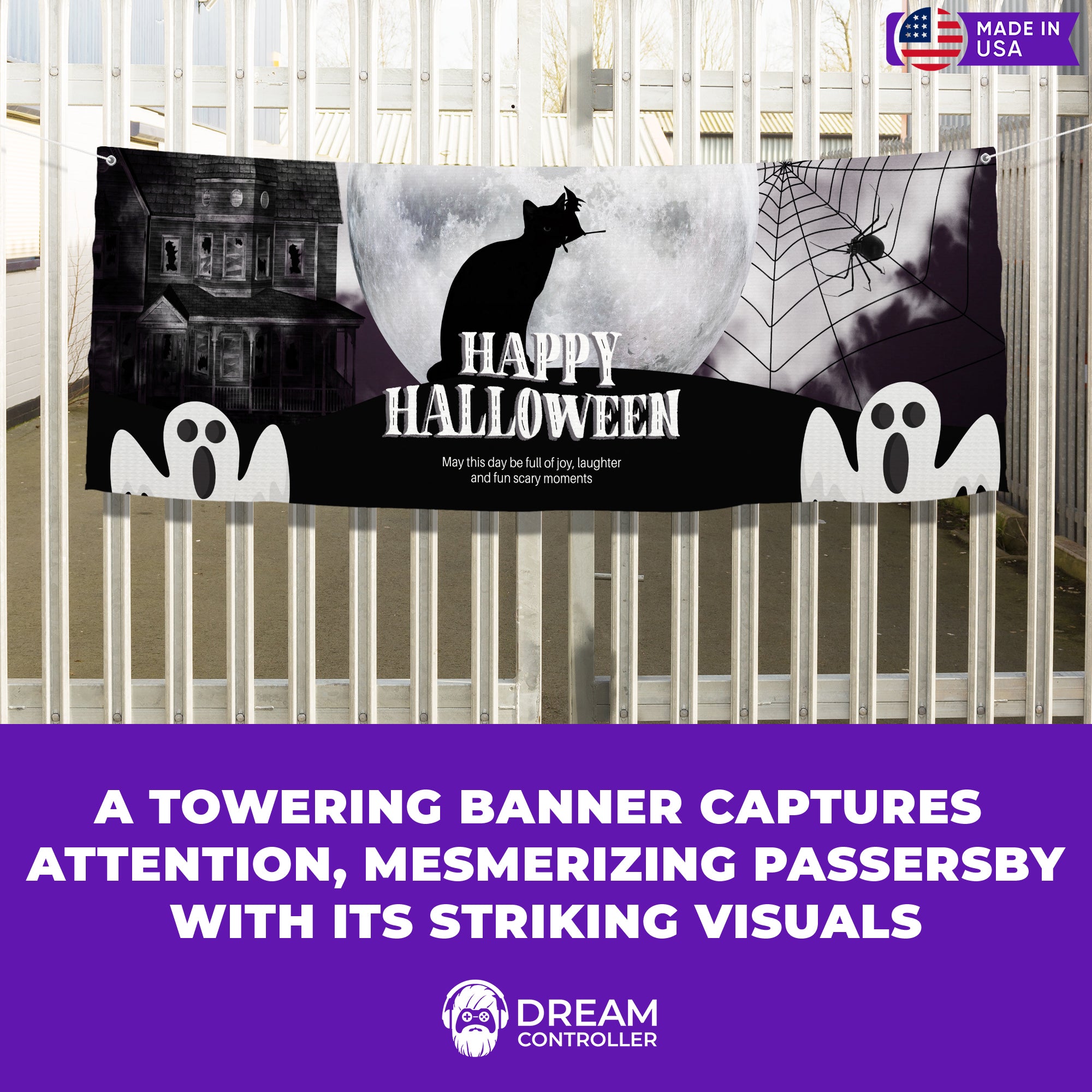 Happy Halloween Cat Moon Banner - Spooktacular Design, Fade-Resistant, Easy Install